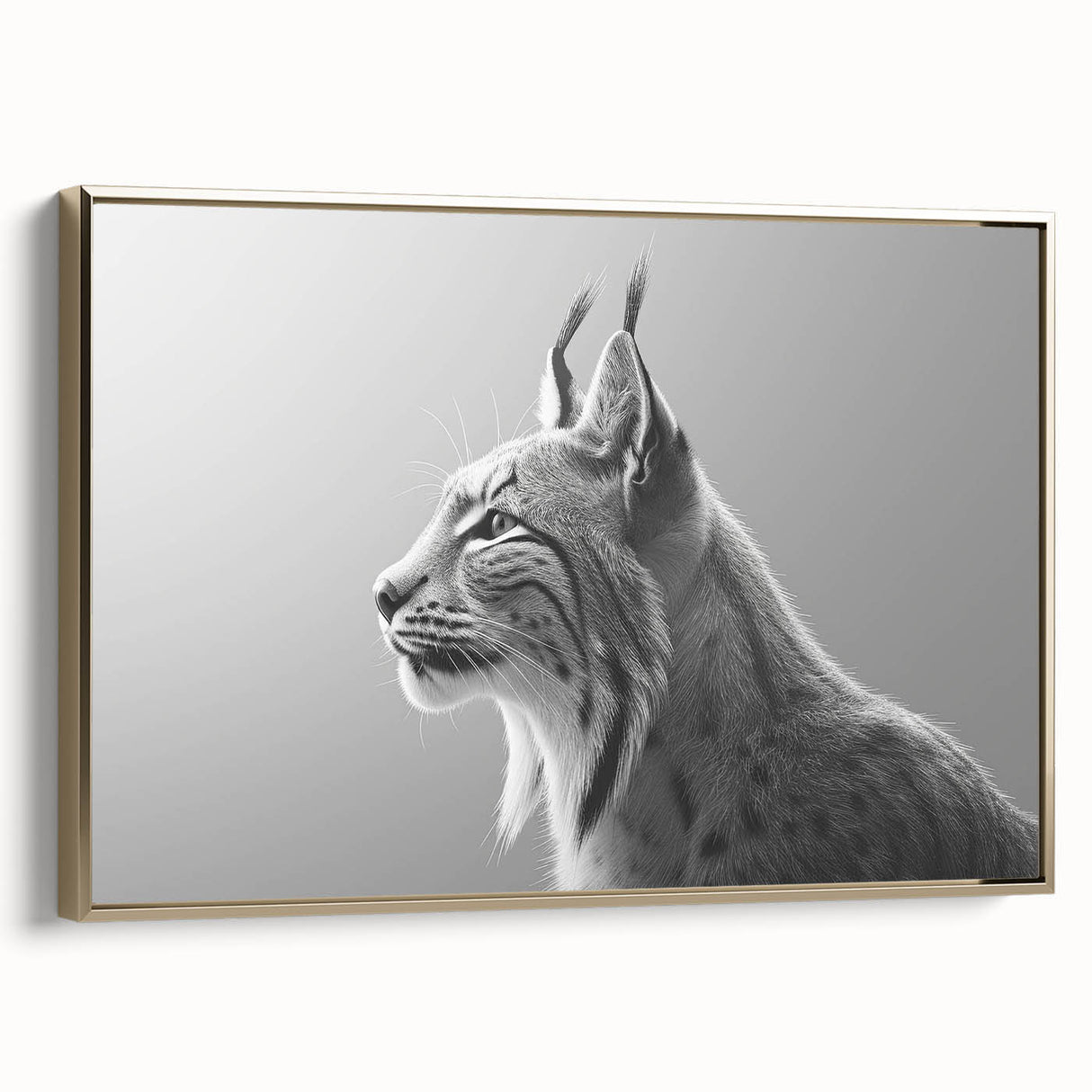 Framed canvas wall art featuring a side view of a lynx design in gold tones, showcasing intricate details and a modern aesthetic, perfect for animal lovers and home decor enthusiasts.