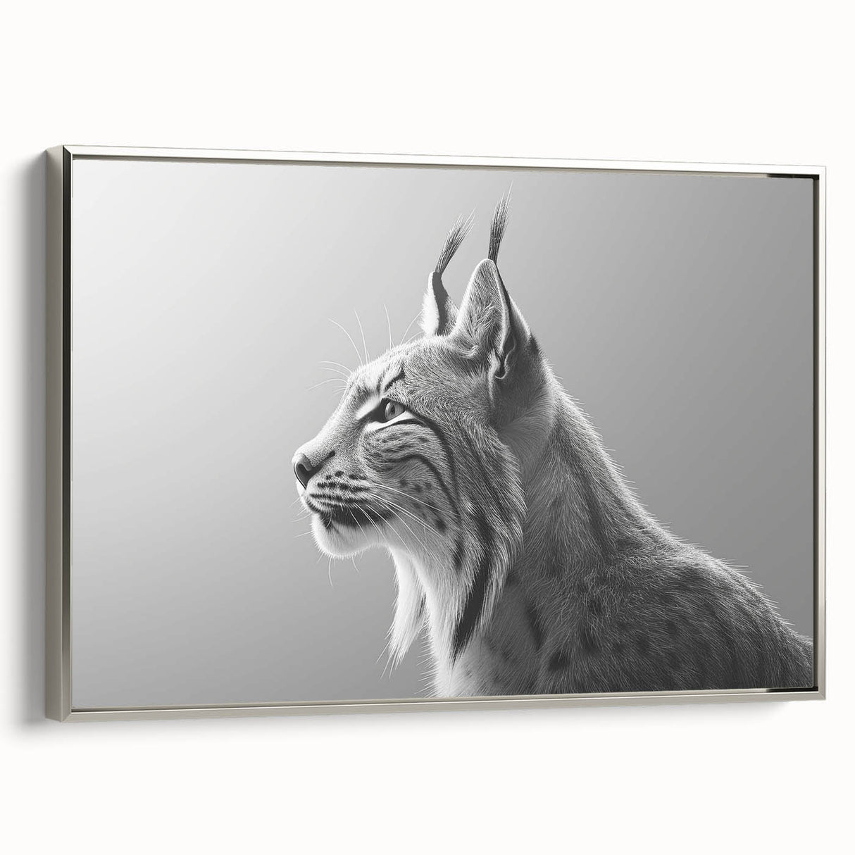 Framed canvas wall art showcasing a majestic lynx design, elegantly displayed with a silver frame, perfect for enhancing contemporary home decor.