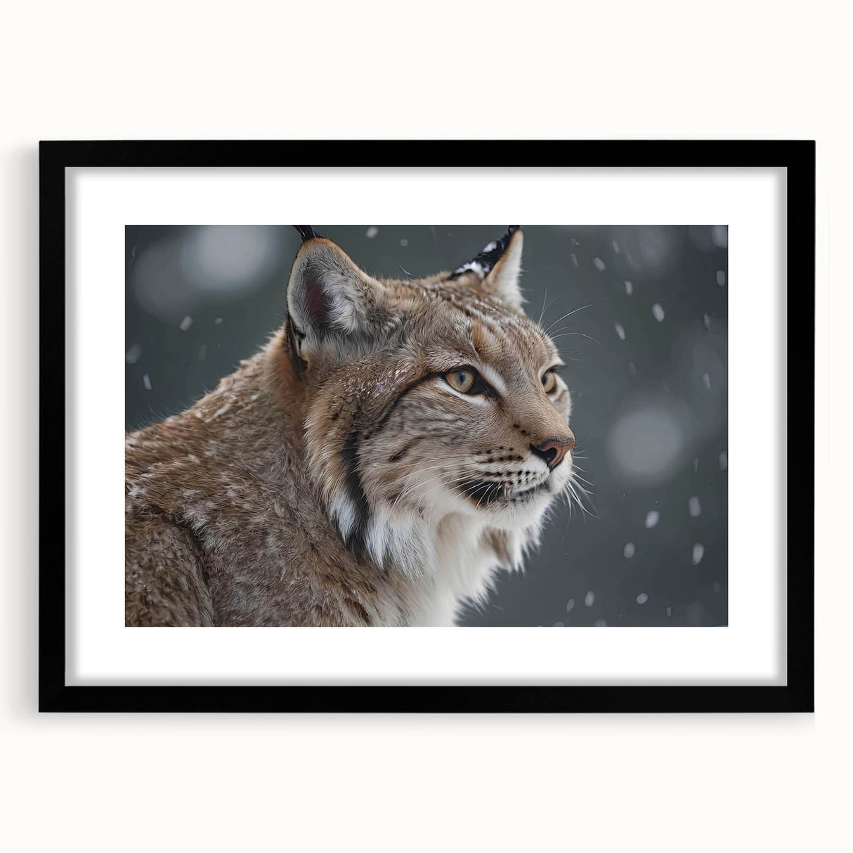 Stylish wall art featuring a lynx design in a black frame with a mat, showcasing a modern aesthetic ideal for wildlife enthusiasts and home decor.