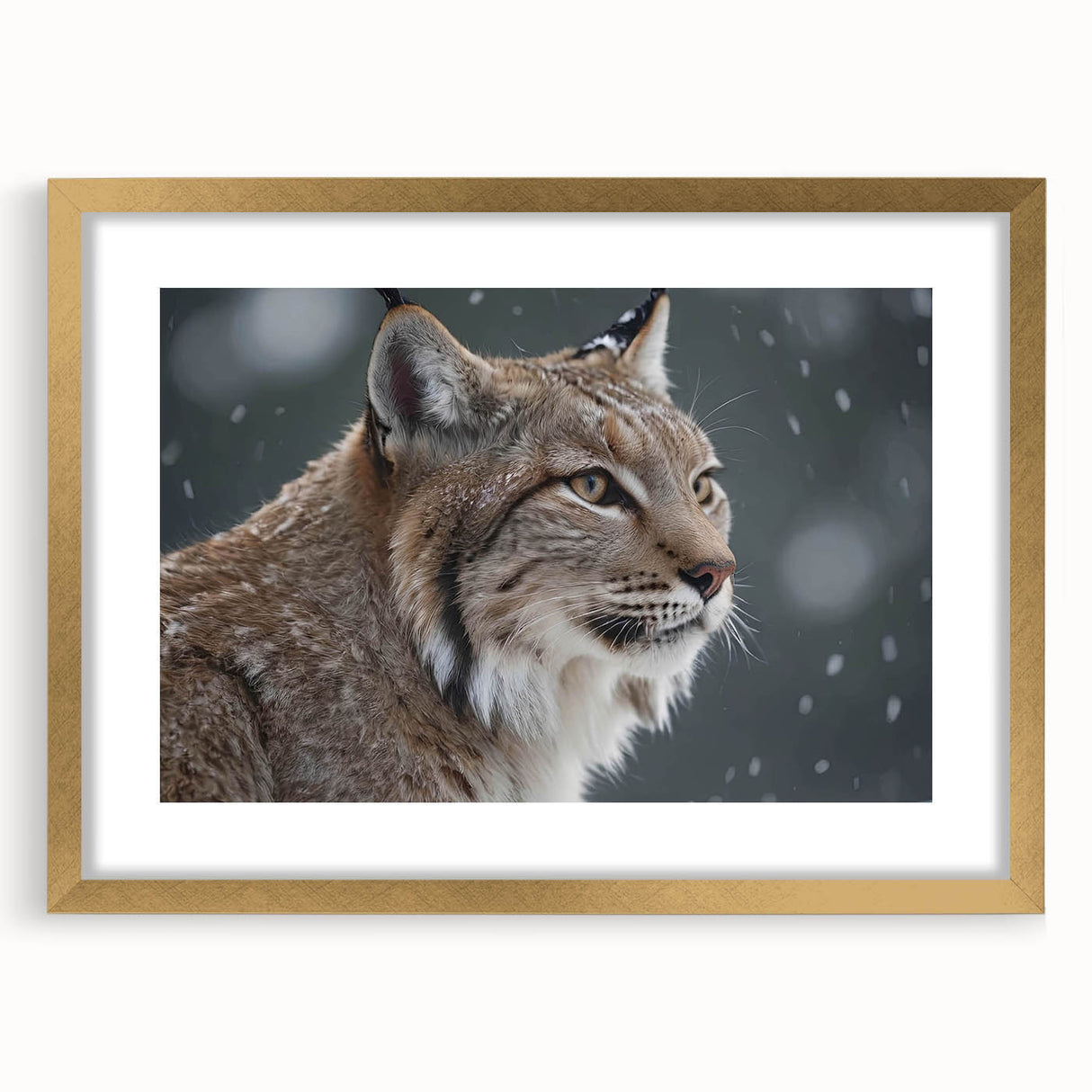 Lynx wall art design in a gold frame with matting, showcasing intricate details of the wild feline, perfect for nature lovers and modern home decor.