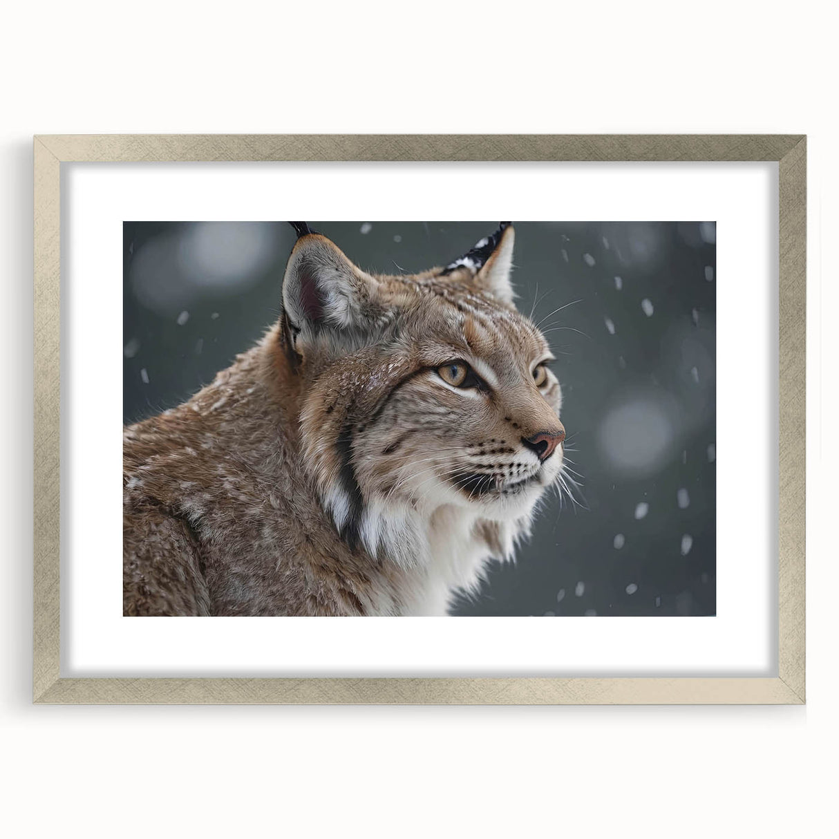 Lynx-themed wall art design in a silver frame with a mat, showcasing detailed wildlife illustration, perfect for nature-inspired home decor.