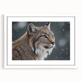 Lynx wall art design framed in white matting, showcasing a striking wildlife illustration. Perfect for nature enthusiasts and home decor accents.