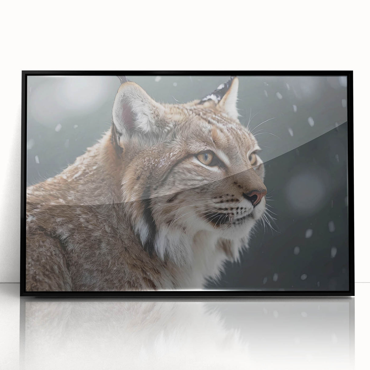 Framed wall art collection featuring a majestic lynx design in vibrant colors, set in a sleek black frame, perfect for enhancing natural decor themes.