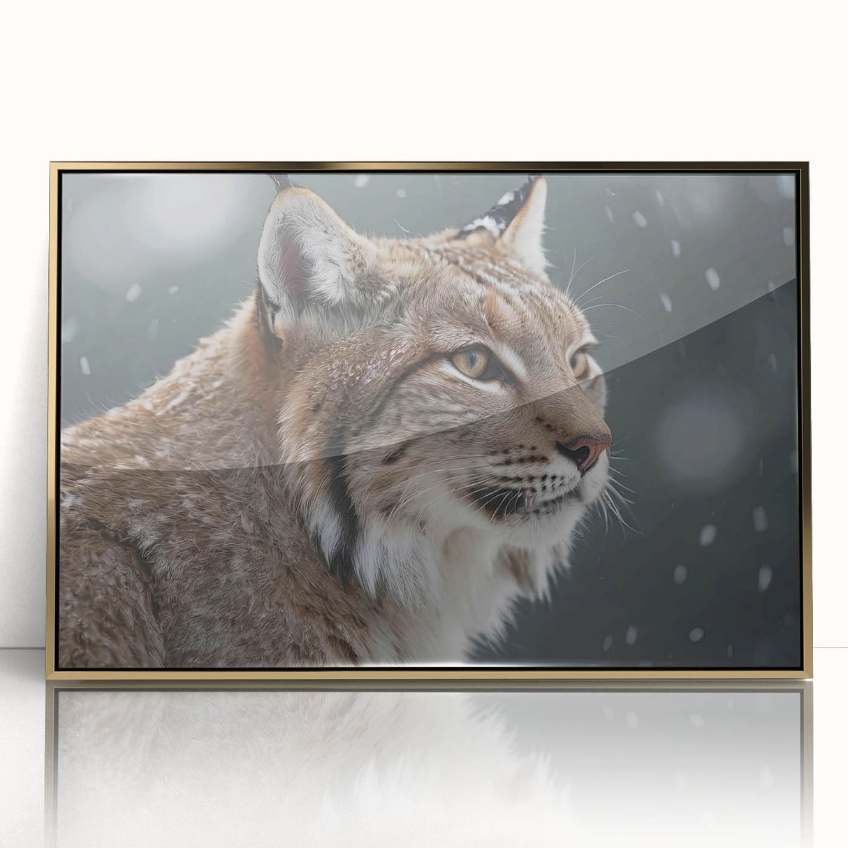 Framed wall art featuring a striking lynx design in vibrant colors, showcasing the animal's detailed features against a gold-accented background, perfect for wildlife decor.