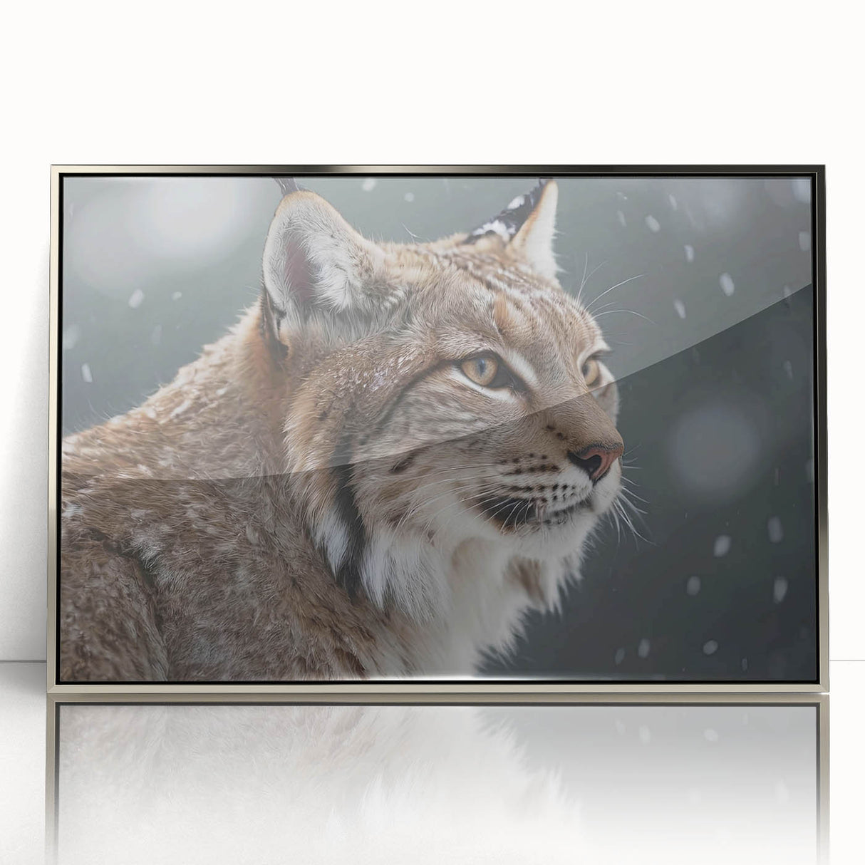 Framed acrylic wall art collection featuring a striking lynx design with silver accents, perfect for enhancing modern home decor and animal-themed spaces.
