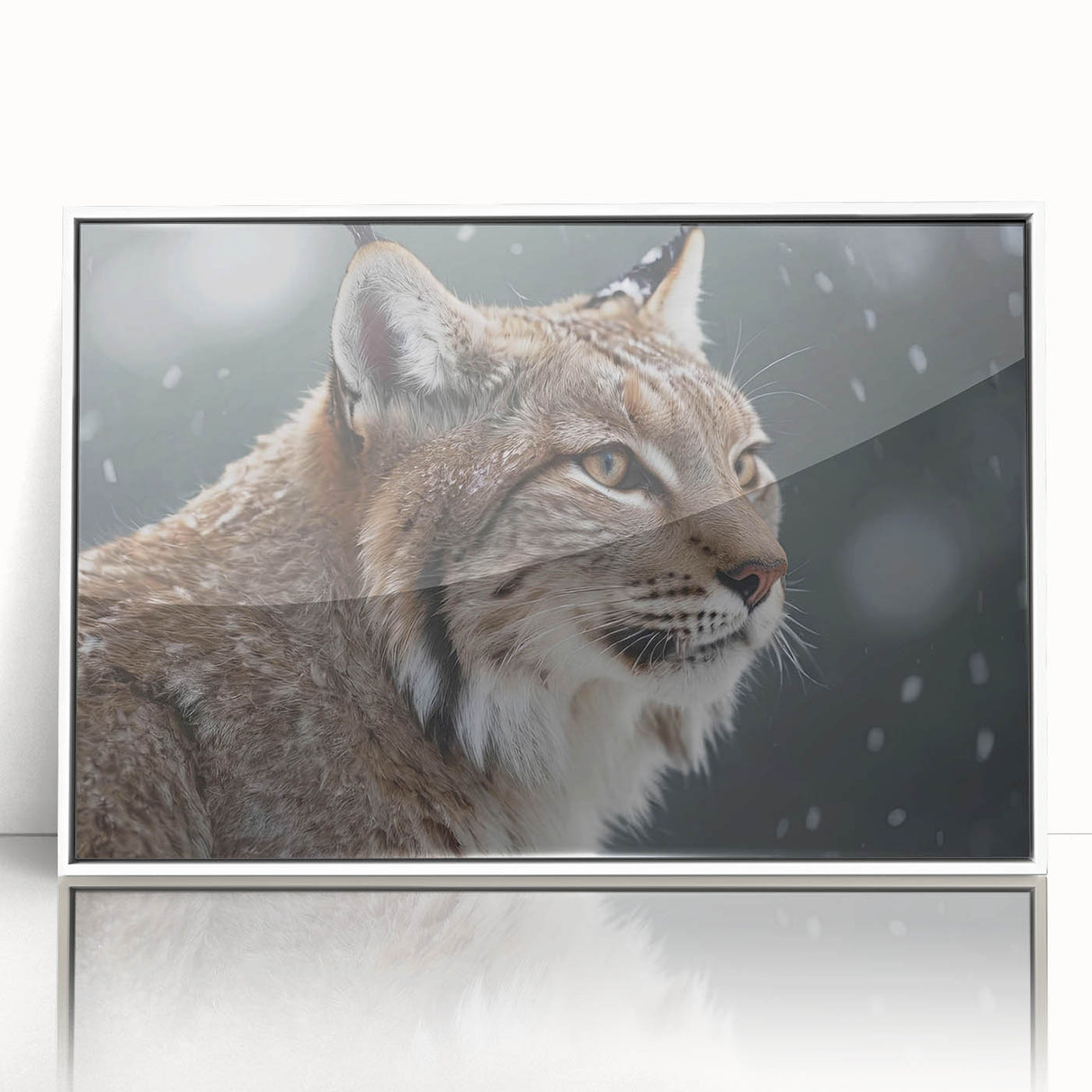 Framed acrylic wall art showcasing a striking lynx design in a white frame, perfect for wildlife enthusiasts and modern decor, set against a light background.