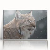 Framed acrylic wall art showcasing a striking lynx design in a white frame, perfect for wildlife enthusiasts and modern decor, set against a light background.