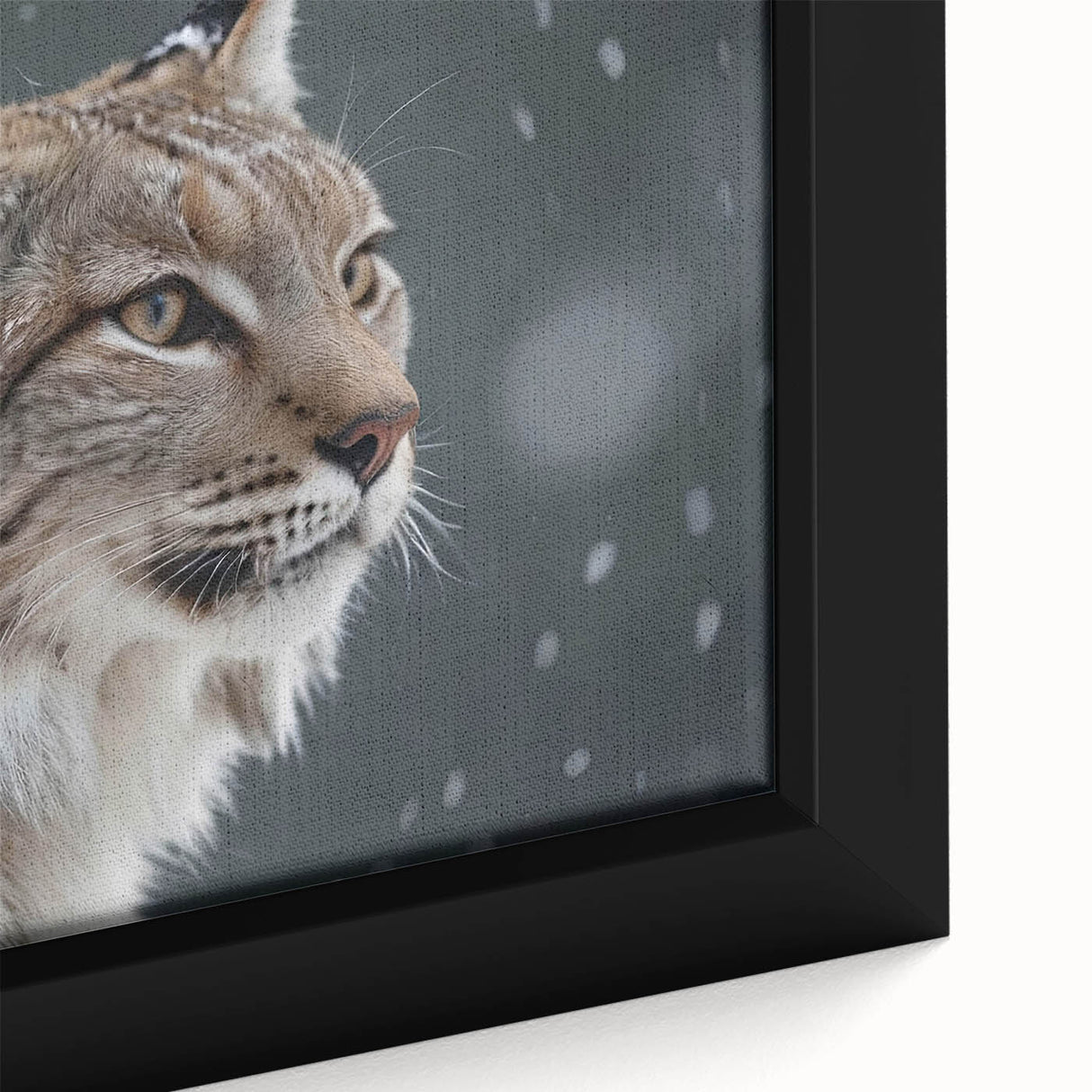Close-up of a framed canvas featuring a lynx design in vibrant colors, showcasing intricate details of the wild cat's fur and piercing gaze, perfect for animal lovers.