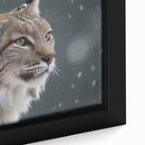 Close-up of a framed canvas featuring a lynx design in vibrant colors, showcasing intricate details of the wild cat's fur and piercing gaze, perfect for animal lovers.