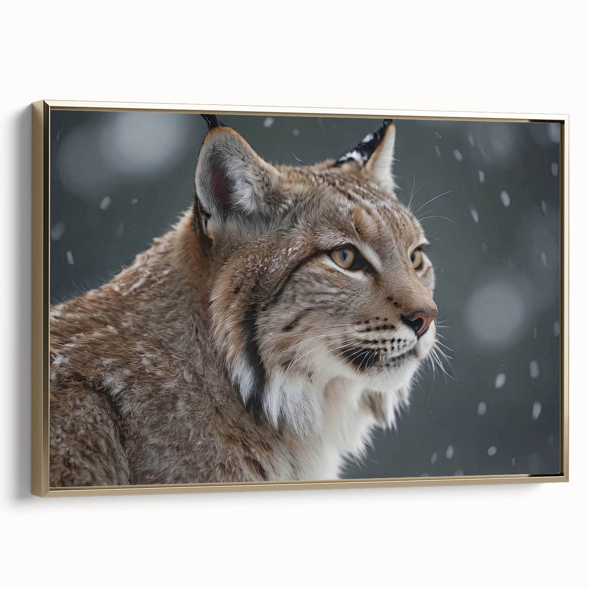Framed wall art featuring a side view of a lynx in a vibrant gold design, showcasing intricate details and textures, perfect for wildlife enthusiasts and home decor.