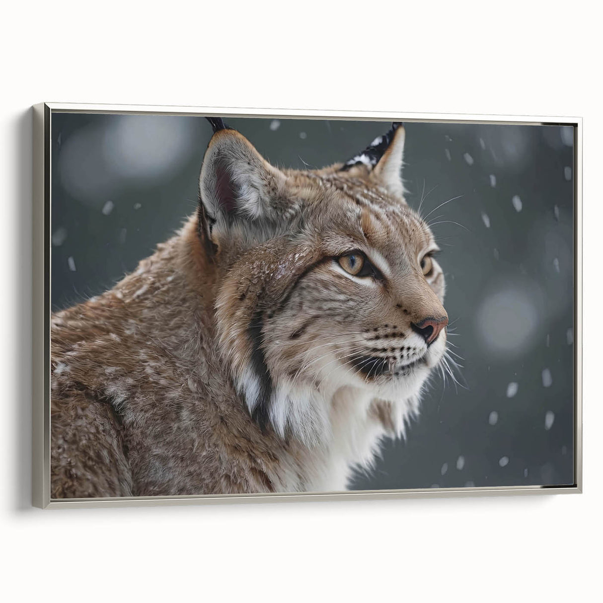 Framed wall art featuring a majestic lynx design in a silver frame, showcasing intricate details and vibrant colors, perfect for wildlife enthusiasts' decor.