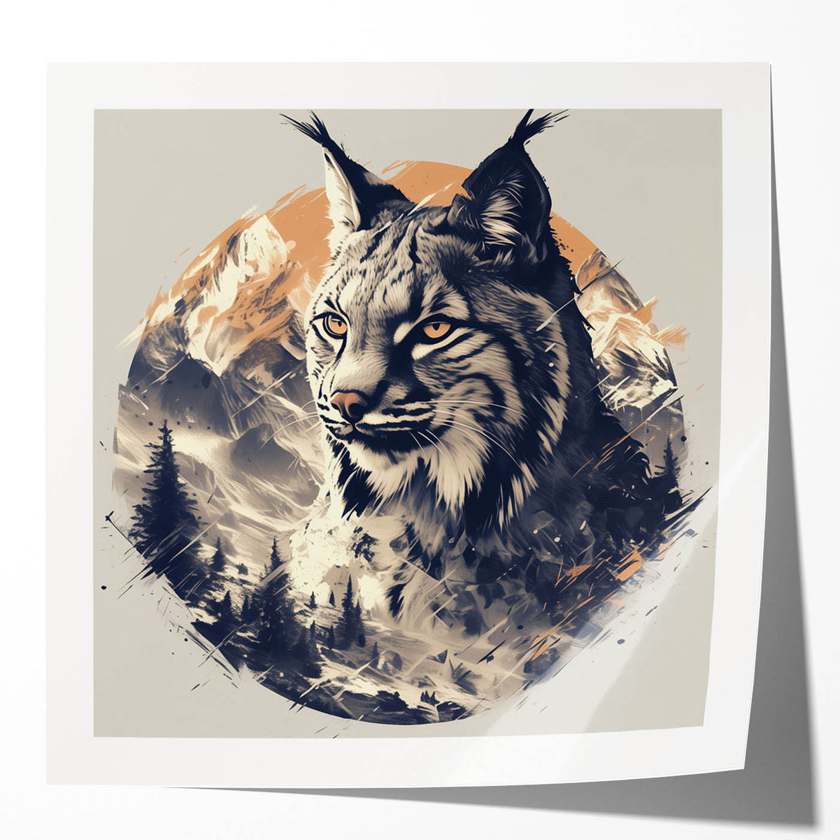 Lynx wall art print showcasing a realistic depiction of a wild lynx in a serene forest setting, perfect for nature enthusiasts and home decor. This glossy print enhances any interior with its vibrant colors and intricate details, making it a standout piece for wildlife lovers.