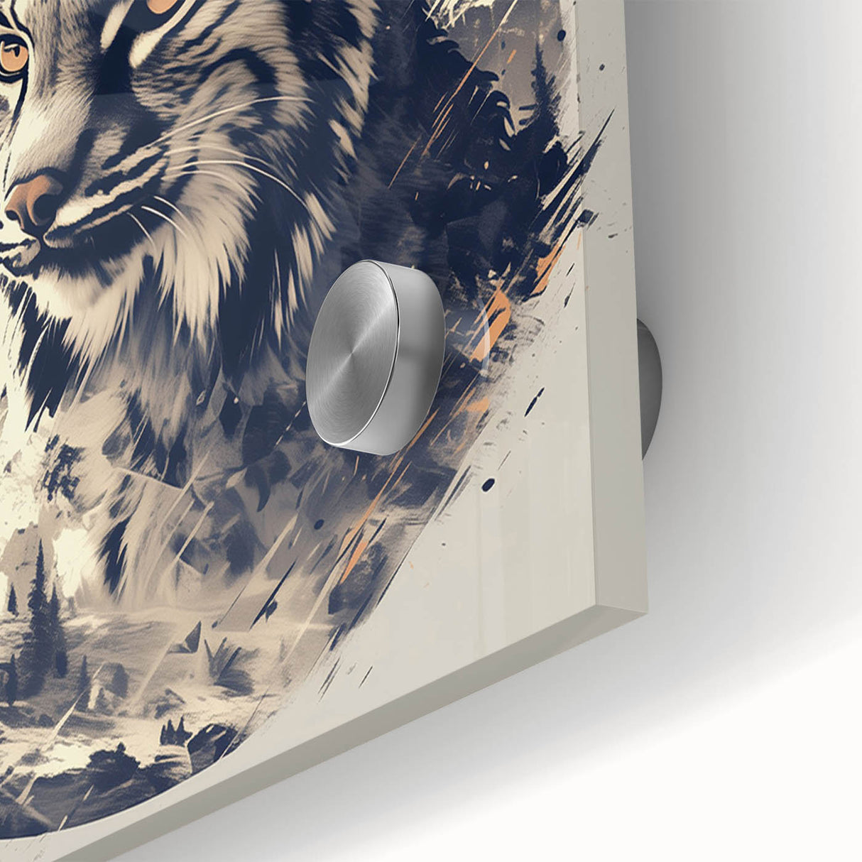 Close-up of a striking lynx design wall art piece, showcasing vibrant colors and intricate details on acrylic glass, perfect for wildlife enthusiasts and modern decor.