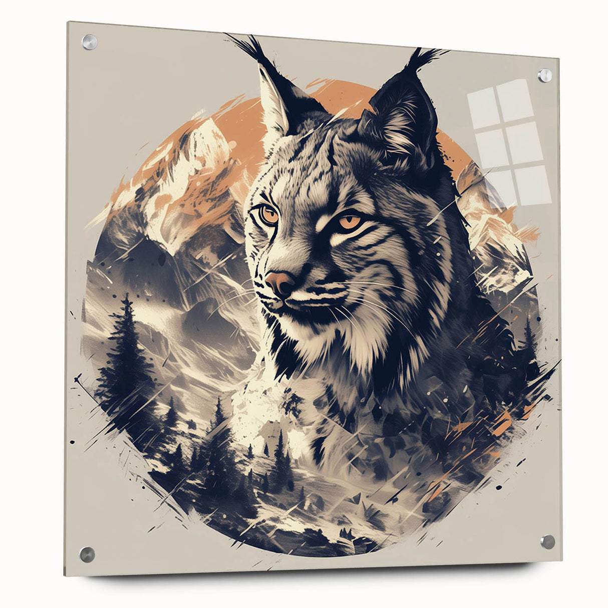 Acrylic glass wall art showcasing a side view of a lynx, featuring intricate details and vibrant colors, perfect for wildlife enthusiasts and modern decor.