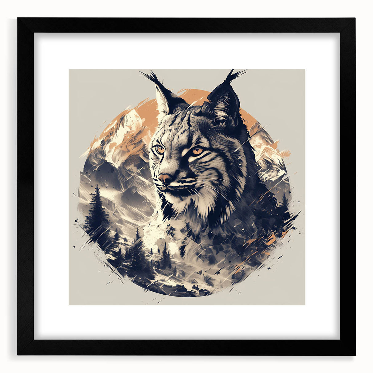 Lynx-themed wall art collection featuring a striking black frame and mat, showcasing a detailed depiction of a lynx in a natural setting, perfect for wildlife enthusiasts.