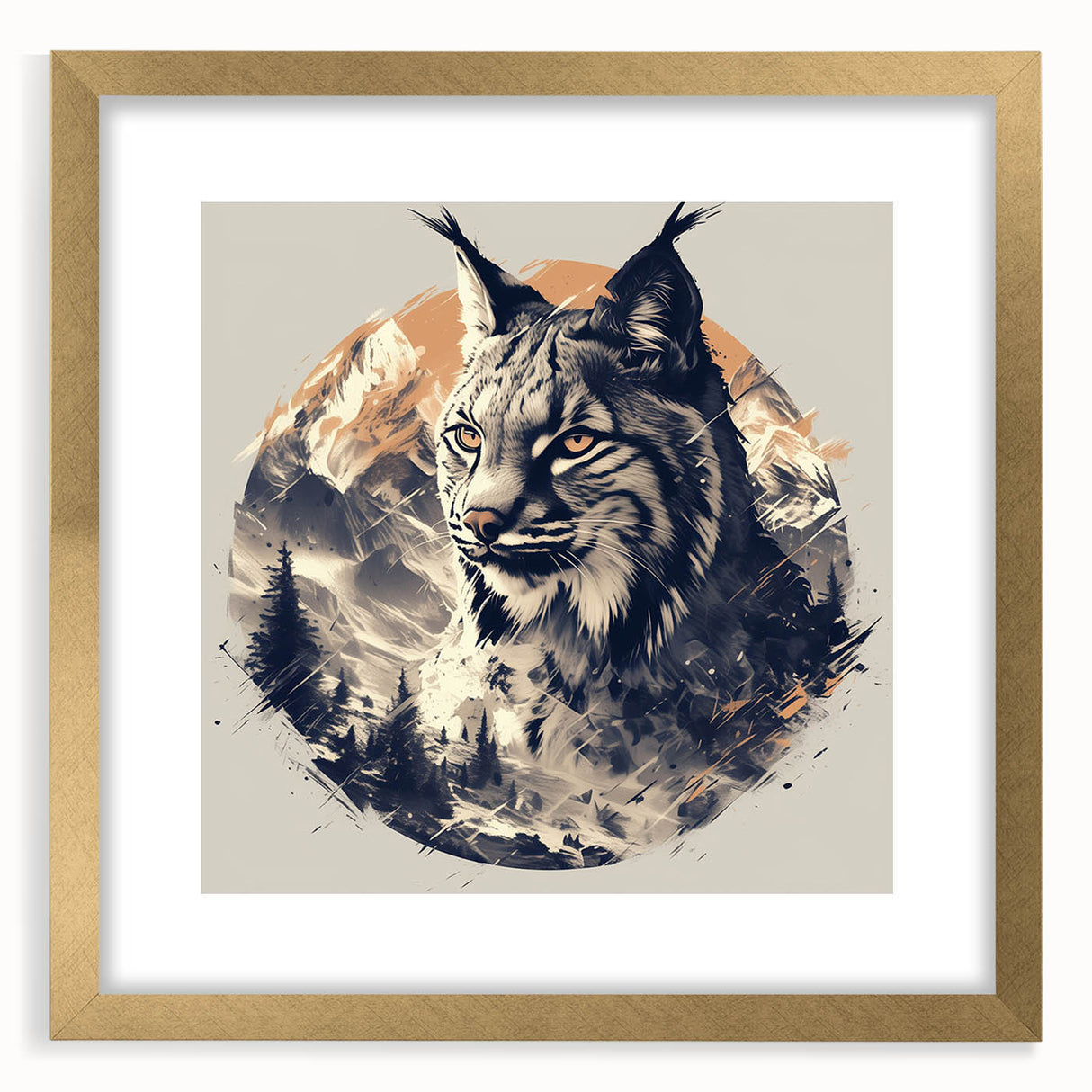 Gold-framed wall art featuring a striking lynx design, showcasing intricate details and vibrant colors, ideal for enhancing home decor and wildlife enthusiasts' spaces.
