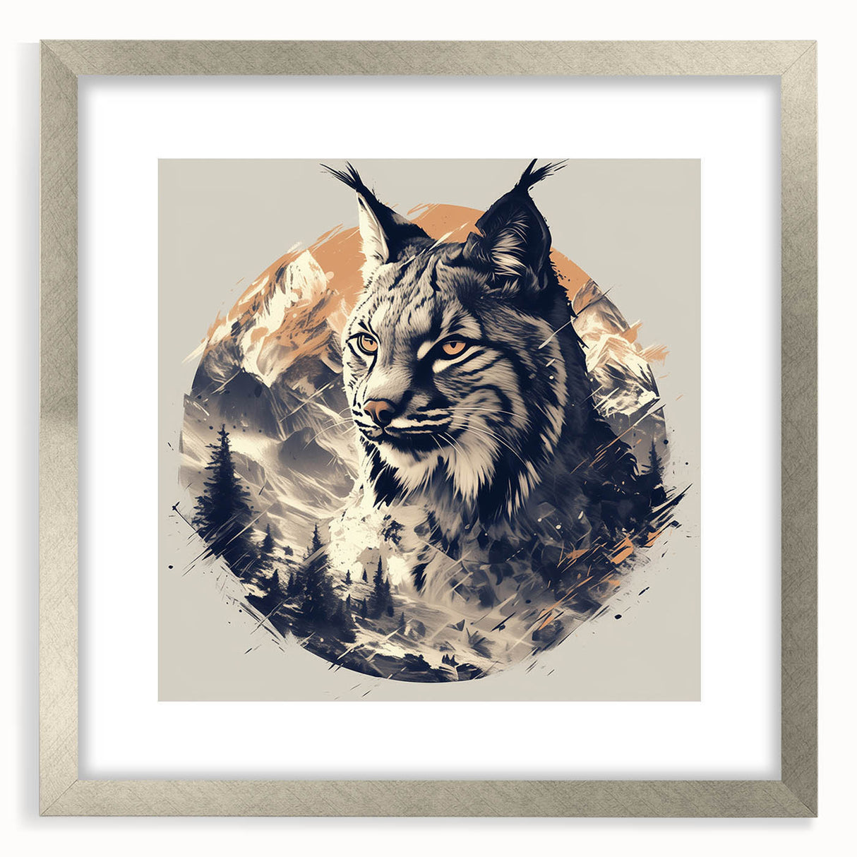 Lynx design wall art framed in silver, showcasing a stunning wildlife depiction with a mat, perfect for enhancing home decor and animal-themed interiors.