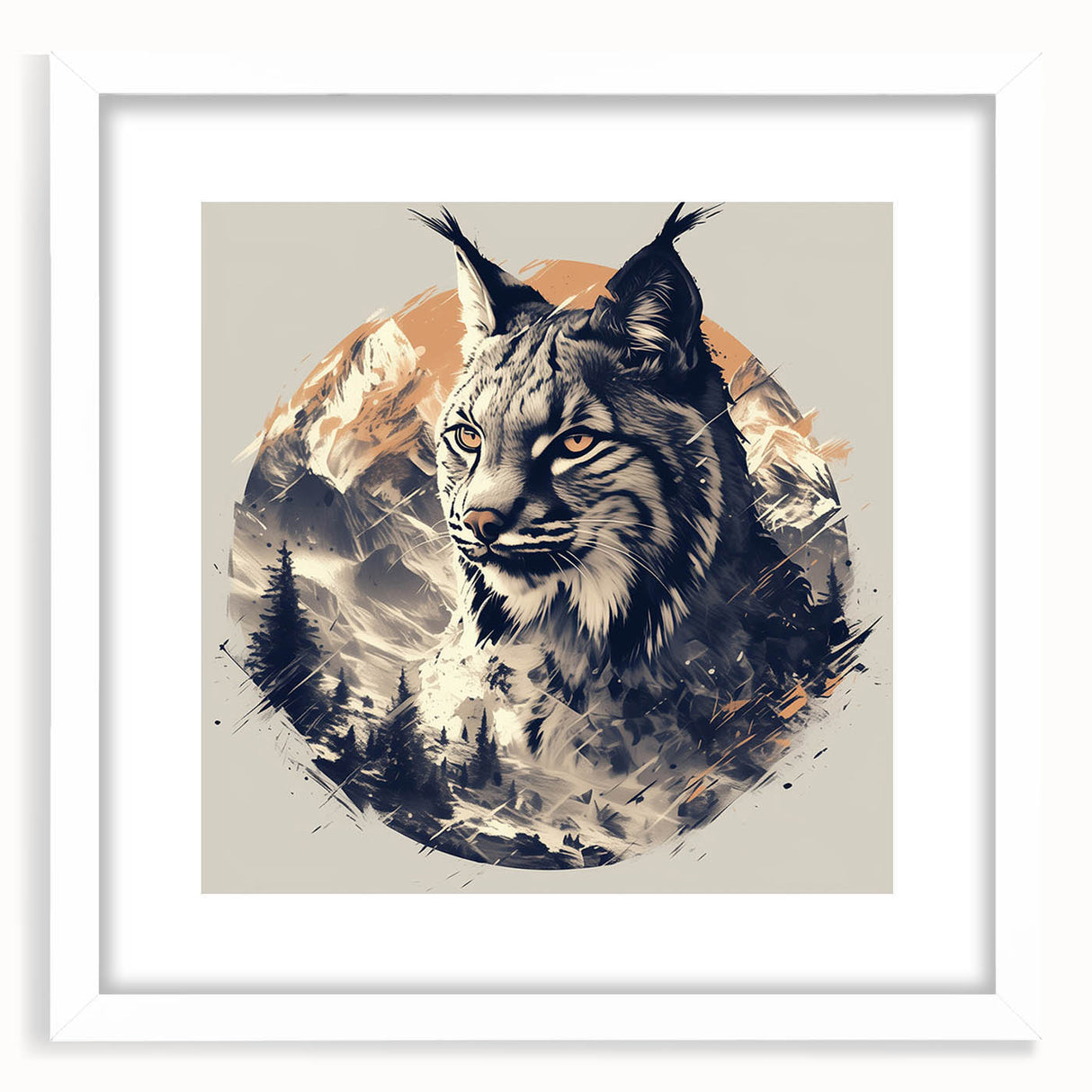 Lynx wall art design framed with a white mat, showcasing a striking wildlife illustration in a modern setting, perfect for nature enthusiasts and home decor.