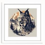 Lynx wall art design framed with a white mat, showcasing a striking wildlife illustration in a modern setting, perfect for nature enthusiasts and home decor.