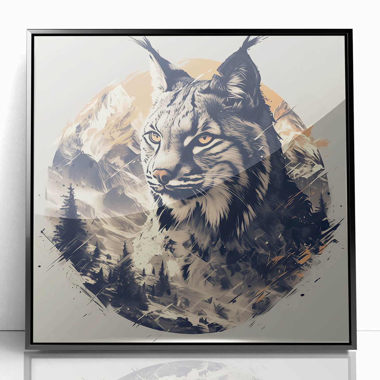 Framed wall art featuring a lynx design, showcasing vibrant colors and intricate details, set in a sleek black frame, ideal for animal lovers and contemporary decor.