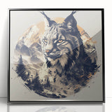 Framed wall art featuring a lynx design, showcasing vibrant colors and intricate details, set in a sleek black frame, ideal for animal lovers and contemporary decor.