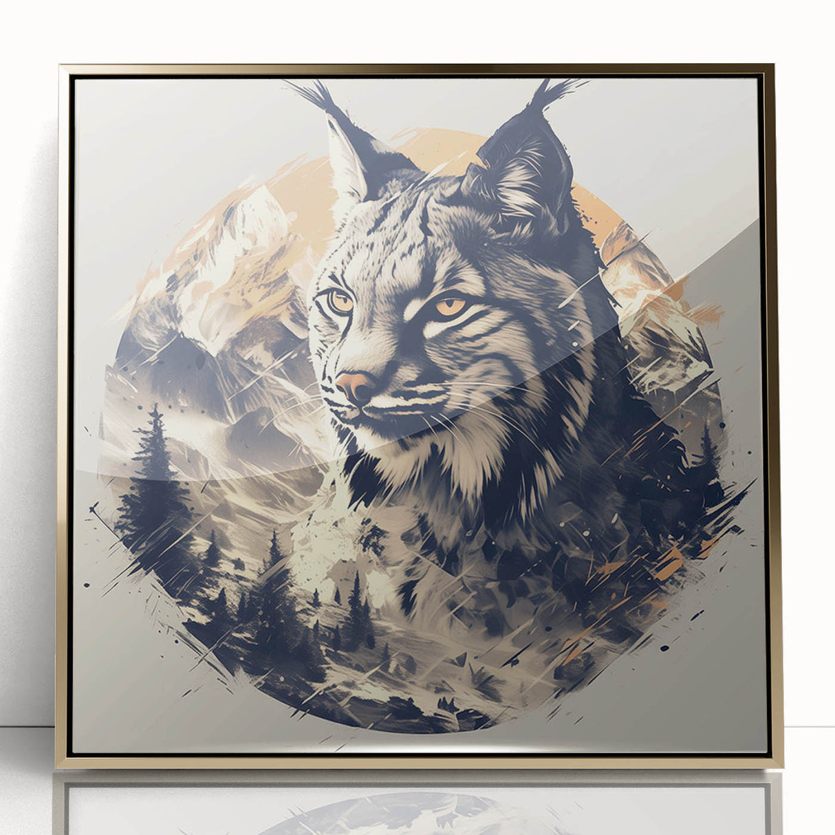 Framed acrylic wall art showcasing a detailed lynx design in a gold frame, highlighting the animal’s captivating features and vibrant colors, ideal for wildlife enthusiasts.