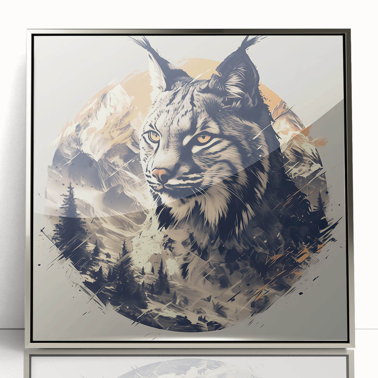 Framed acrylic wall art featuring a striking lynx design in a silver frame, showcasing vibrant colors and intricate details, perfect for wildlife enthusiasts.