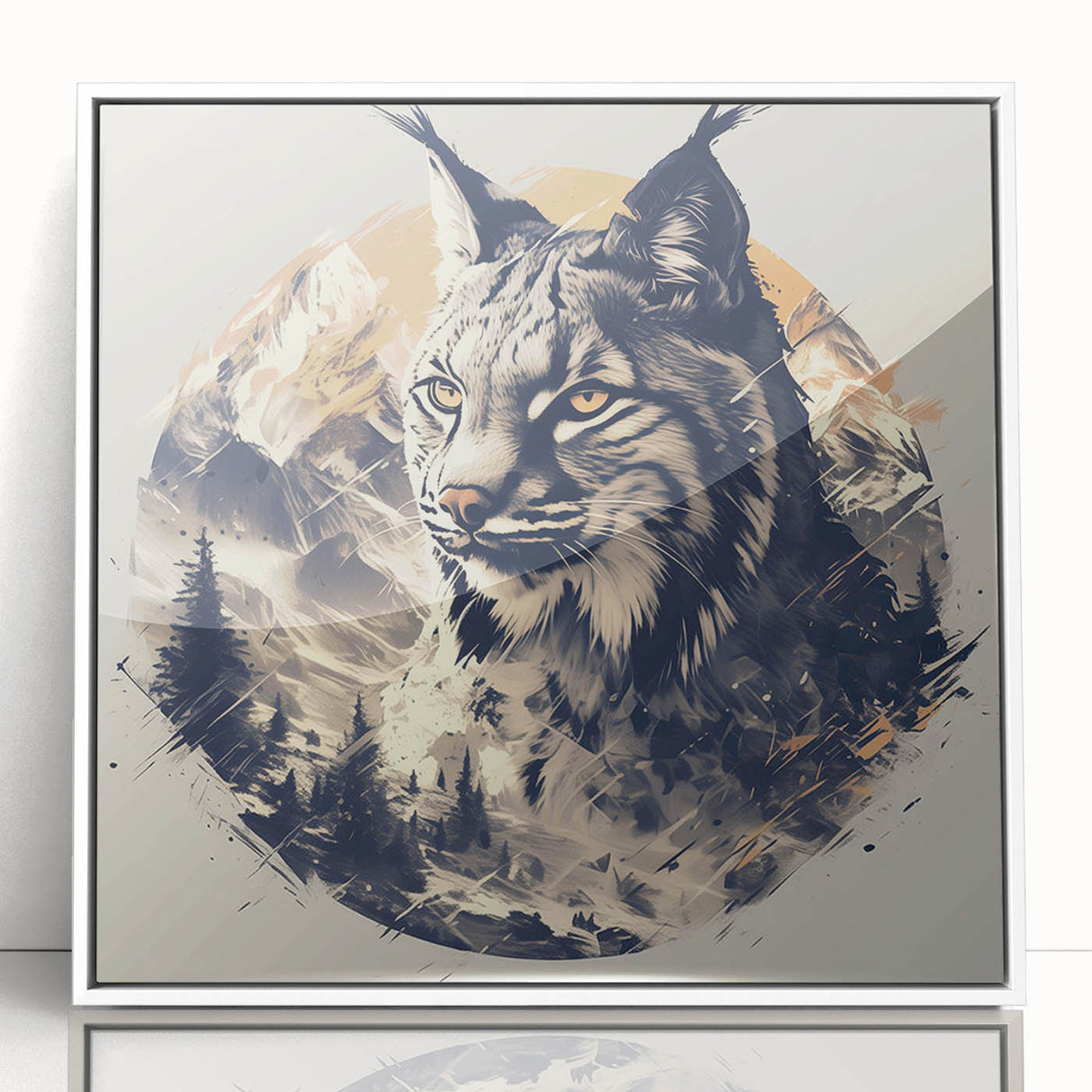 Framed wall art featuring a striking lynx design in a white frame, highlighting the animal's intricate fur details and vibrant colors, perfect for wildlife enthusiasts.