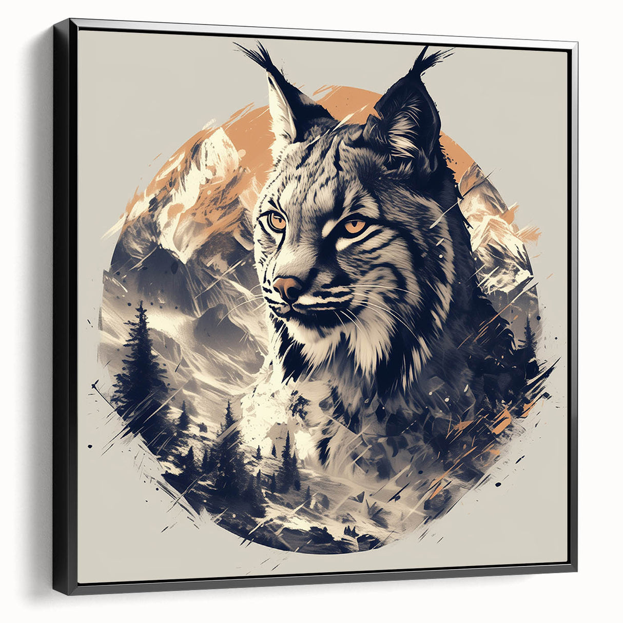 Framed wall art showcasing a lynx design from the Animals A Wild Life collection, featuring vibrant colors and intricate details, displayed in a sleek black frame.