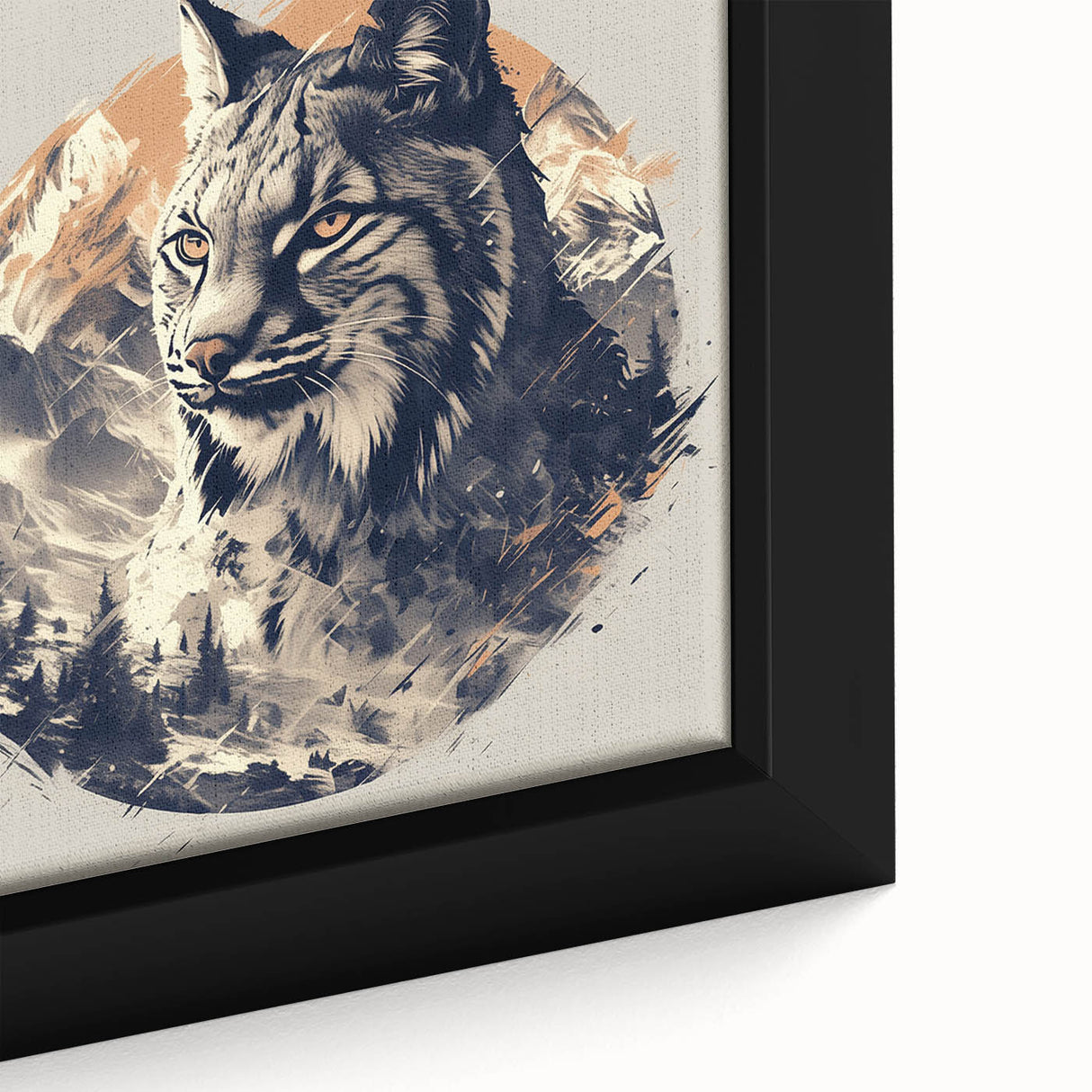 Close-up of a framed canvas wall art featuring a majestic lynx design, showcasing intricate details and vibrant colors, perfect for wildlife enthusiasts and home decor.