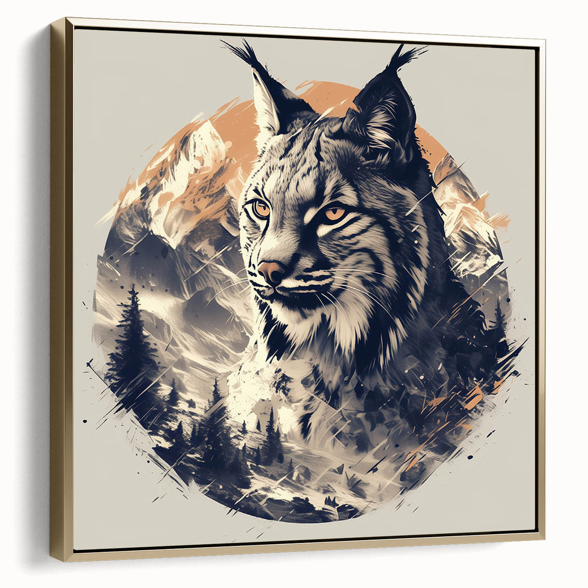 Framed wall art featuring a lynx design in vibrant colors, set against a gold backdrop, showcasing a modern aesthetic ideal for wildlife enthusiasts and home decor.