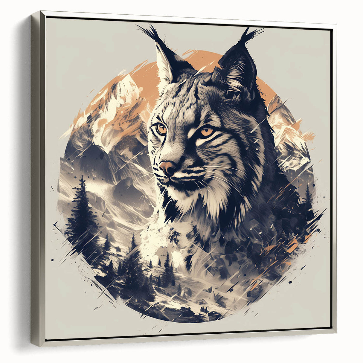 Framed canvas wall art showcasing a sleek silver lynx design from the "Animals A Wild Life" collection, perfect for modern home decor with nature-inspired themes.