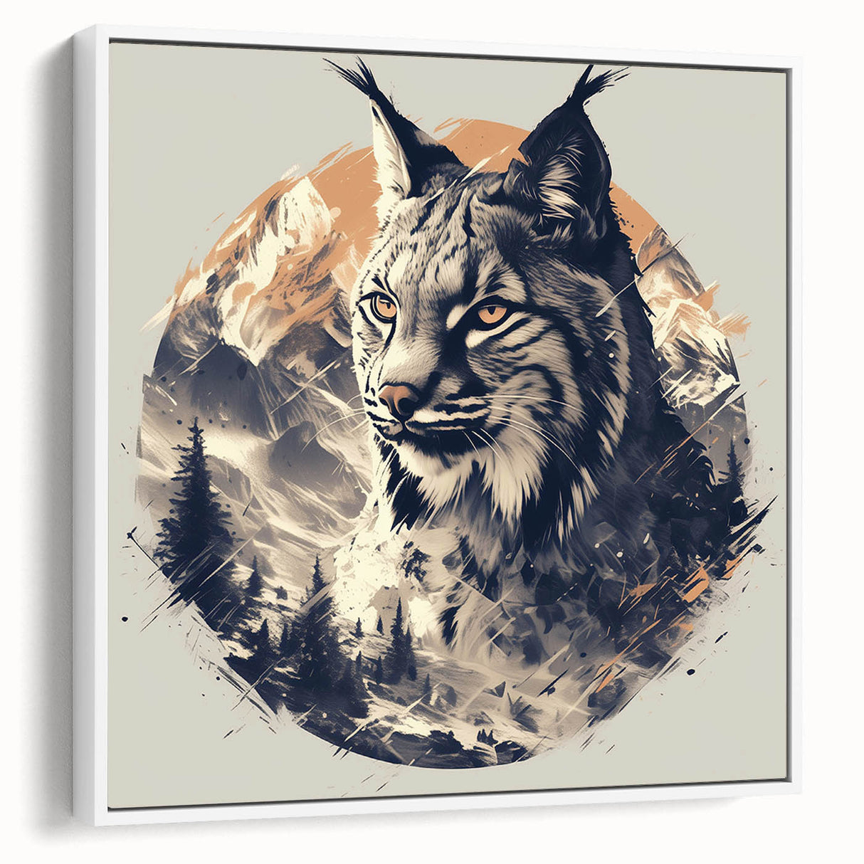 Framed canvas wall art featuring a striking lynx design in vibrant colors, set against a white background, ideal for animal-themed decor. Perfect for adding a touch of wildlife elegance to any room.