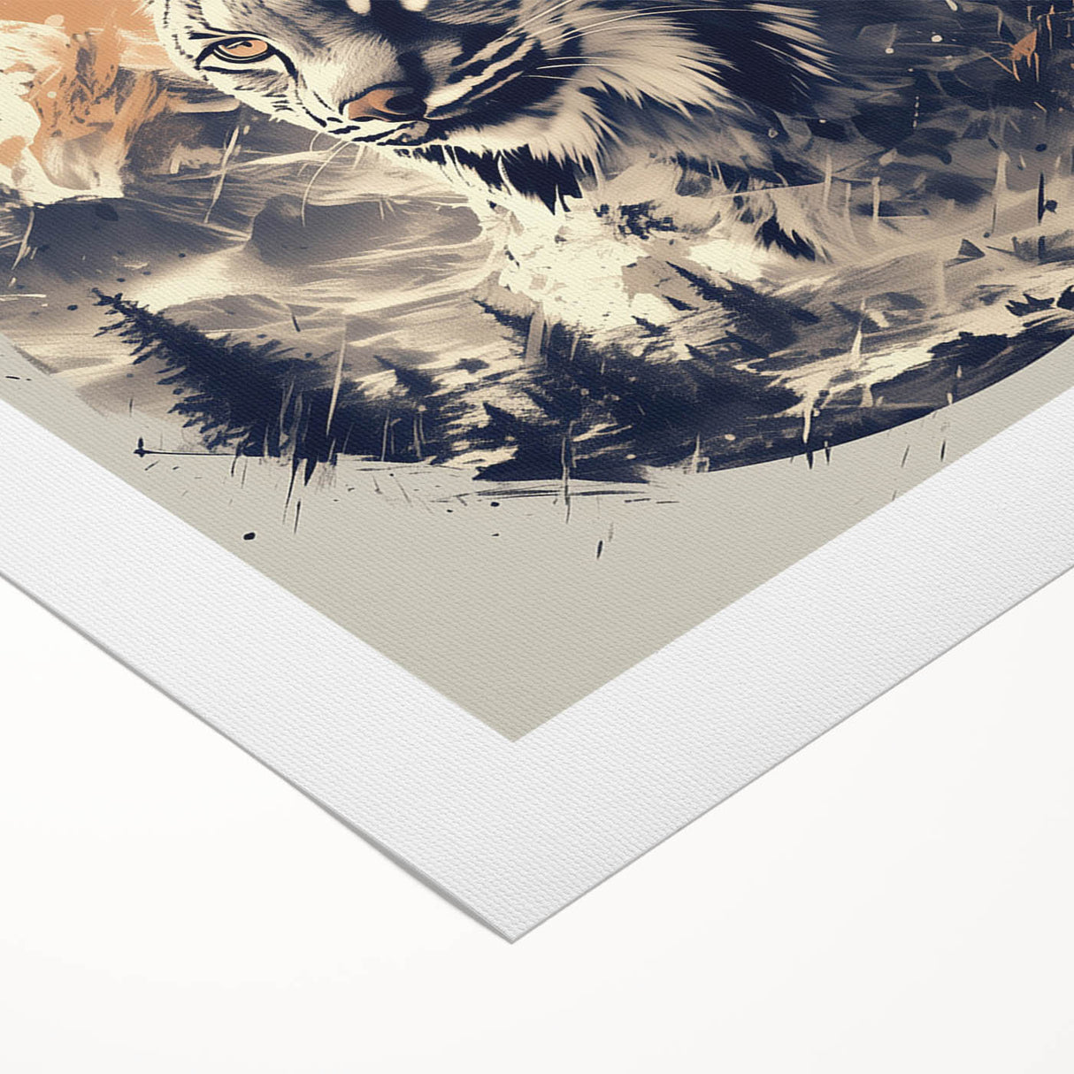 Lynx wall art design on rolled canvas, showcasing a realistic depiction of a lynx in a natural forest setting, perfect for wildlife enthusiasts and home decor.