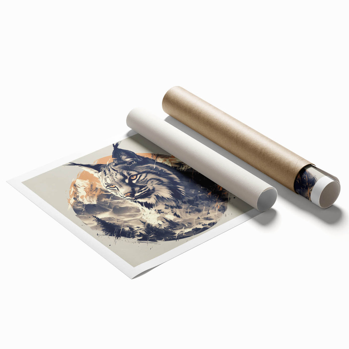 Lynx wall art print showcasing a stunning wildlife design with vibrant colors, rolled and packaged in a protective cardboard tube for easy display. Perfect for nature lovers and home decor.