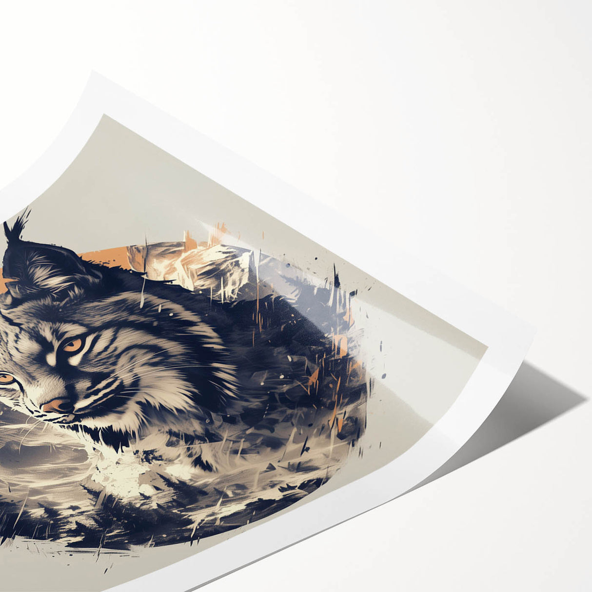 Lynx wall art print showcasing a vibrant, detailed illustration of a wild lynx surrounded by natural elements, ideal for nature-themed decor in modern interiors.