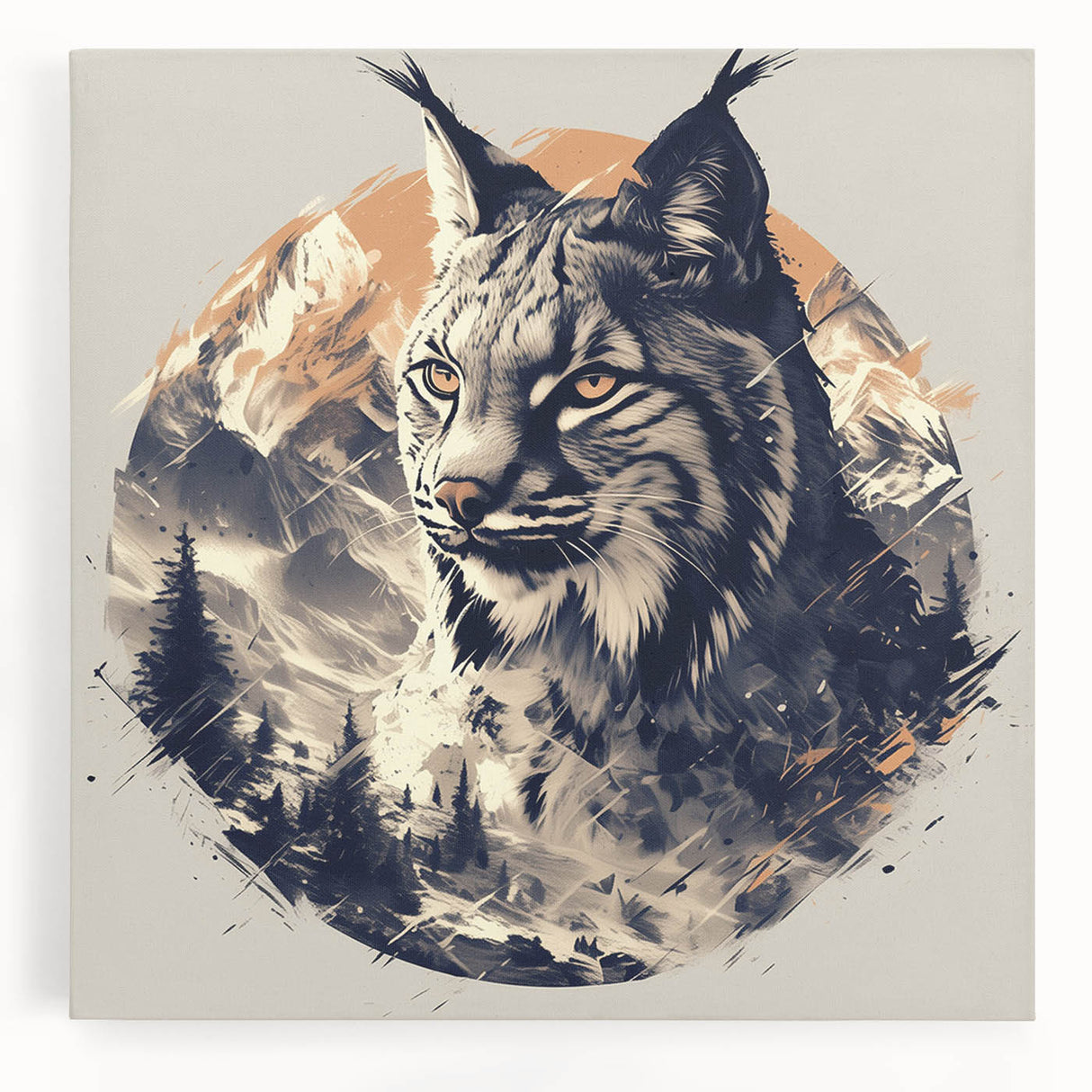 Lynx wall art design on stretched canvas showcasing a detailed front view of the wild feline in a natural setting, ideal for nature-themed decor.