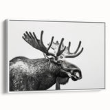 Framed canvas wall art showcasing a moose and elk design, presented in a white frame with a side view, perfect for nature-themed decor in homes or offices.