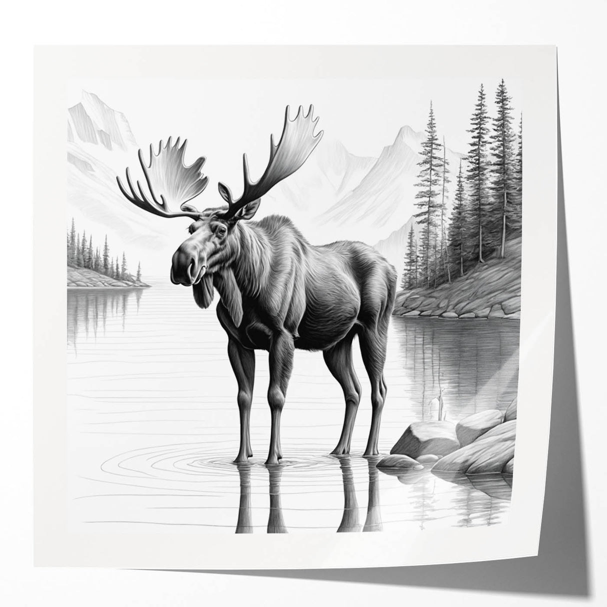 Moose and elk wall art design displayed on a glossy print, showcasing intricate wildlife illustrations, perfect for nature enthusiasts and home decor lovers.
