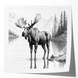 Moose and elk wall art design displayed on a glossy print, showcasing intricate wildlife illustrations, perfect for nature enthusiasts and home decor lovers.