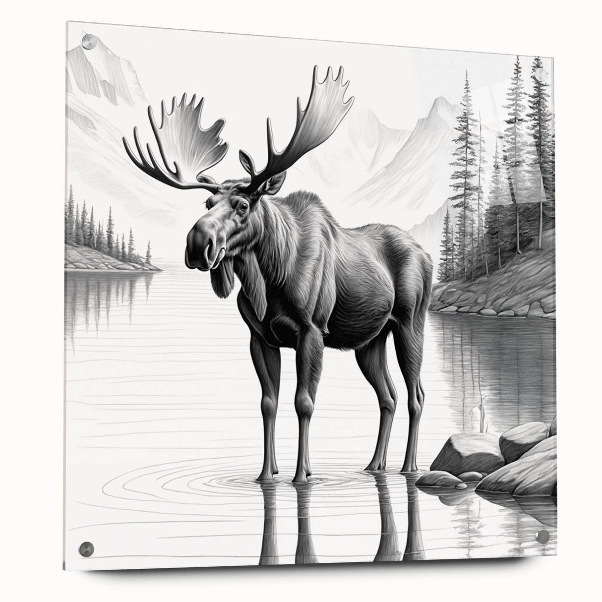Side view of an acrylic glass wall art piece displaying a moose and elk design from the "Animals of the Wild" collection, showcasing vibrant colors and intricate details, perfect for nature lovers.