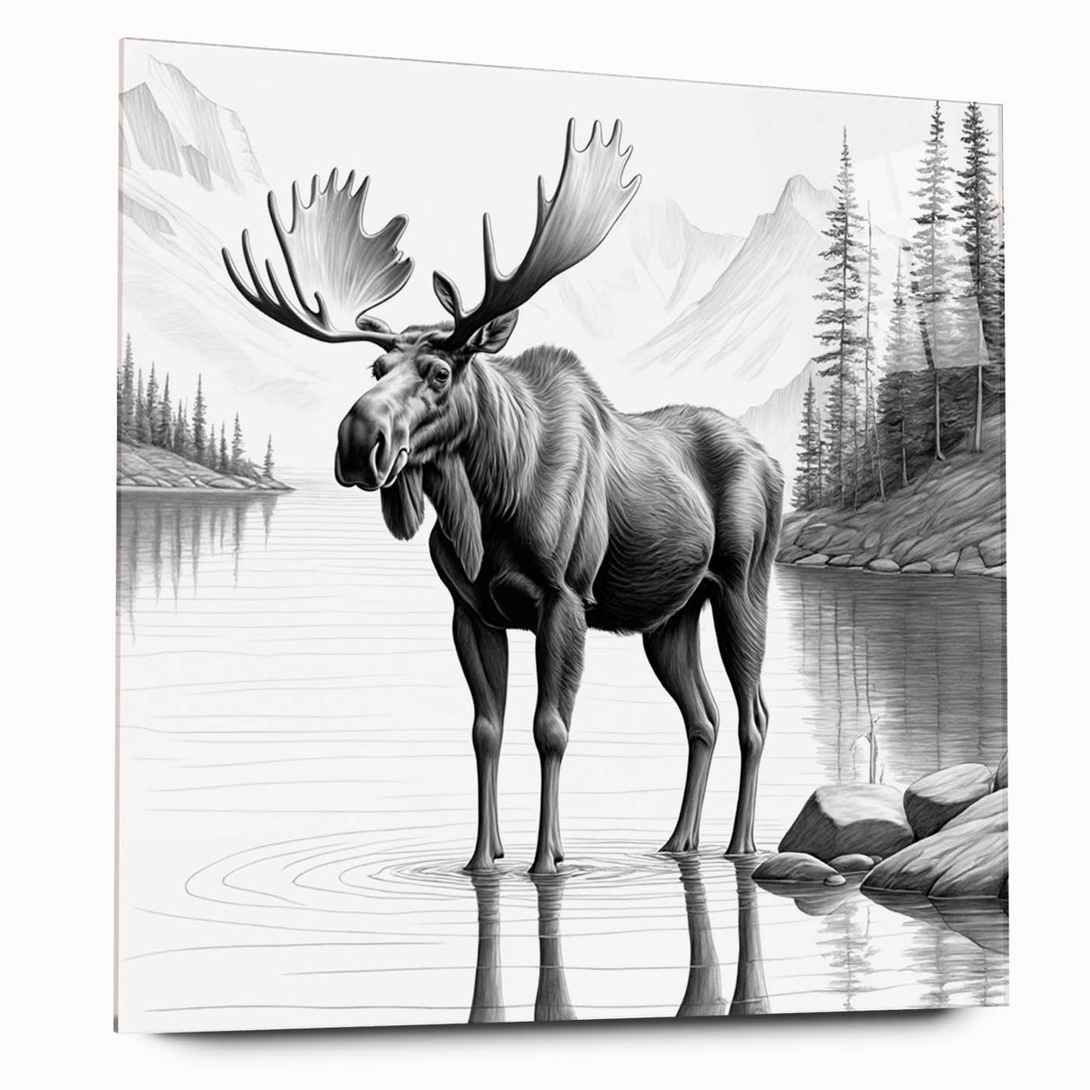 Side view of a modern acrylic glass wall art piece featuring a moose and elk design, showcasing intricate wildlife details in vibrant colors, perfect for nature enthusiasts.