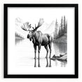 Framed wall art showcasing a moose and elk design, featuring a black frame and mat. Ideal for nature enthusiasts, this collection adds rustic charm to any decor.