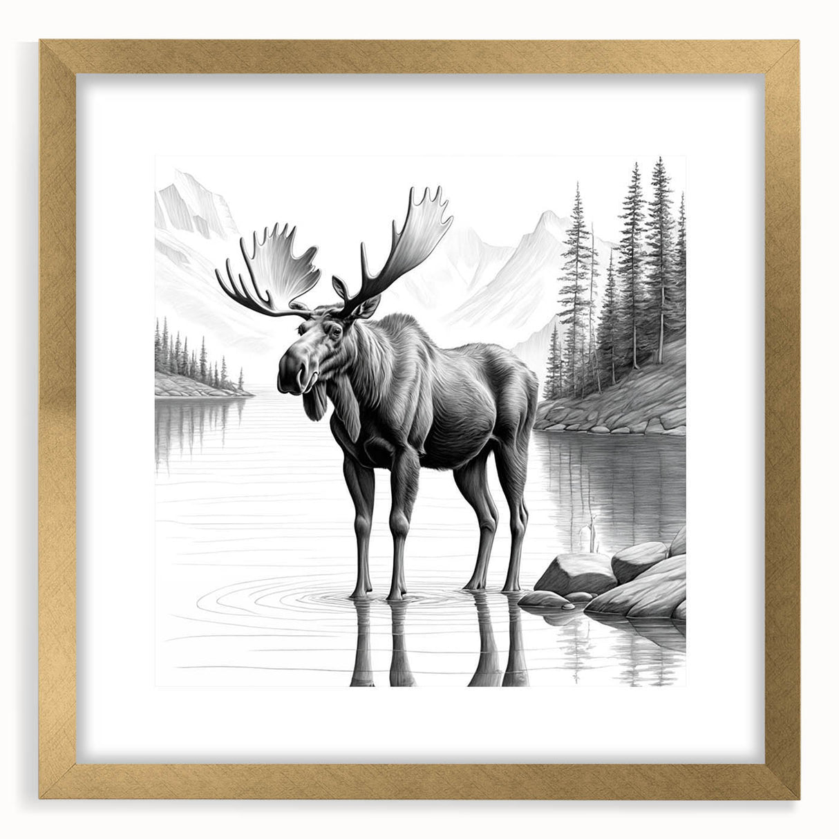 Framed wall art featuring a moose and elk design, elegantly matted with a gold frame, perfect for enhancing rustic home decor and wildlife enthusiasts' collections.