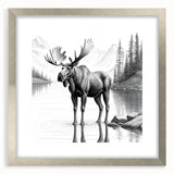 Moose and elk wall art design framed in silver, showcasing intricate wildlife details, perfect for nature-themed decor in living spaces.
