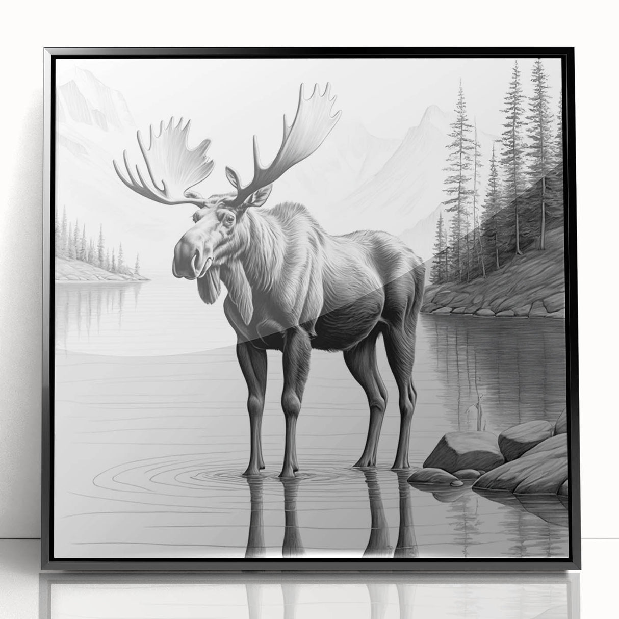 Framed wall art design showcasing a moose and elk in a natural setting, featuring a sleek black frame and acrylic front, ideal for wildlife enthusiasts and home decoration.