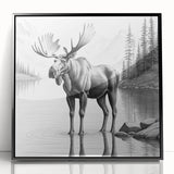 Framed wall art design showcasing a moose and elk in a natural setting, featuring a sleek black frame and acrylic front, ideal for wildlife enthusiasts and home decoration.