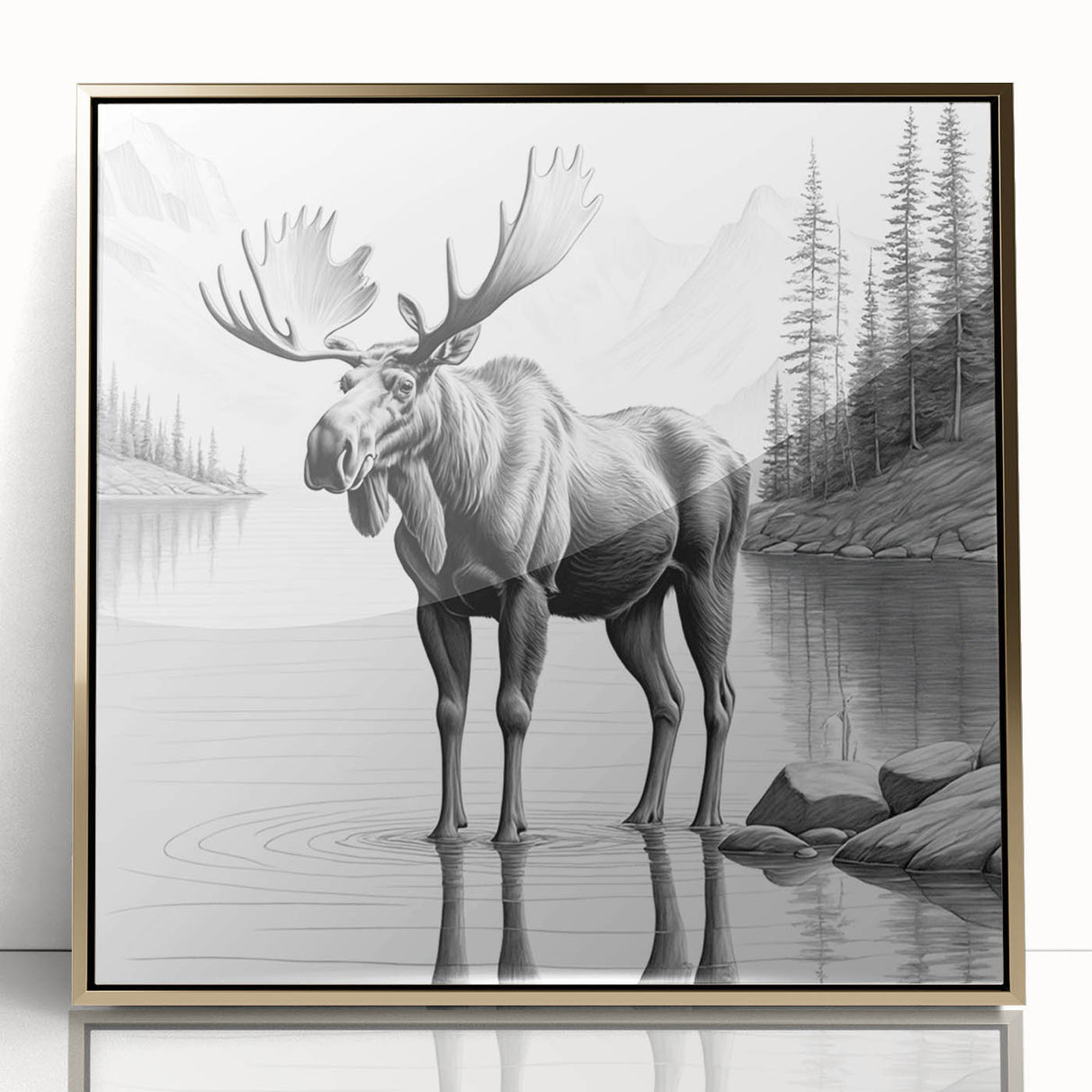Framed wall art featuring a stunning moose and elk design in a gold-acrylic finish, showcasing vibrant wildlife details and naturalistic colors, perfect for nature enthusiasts.