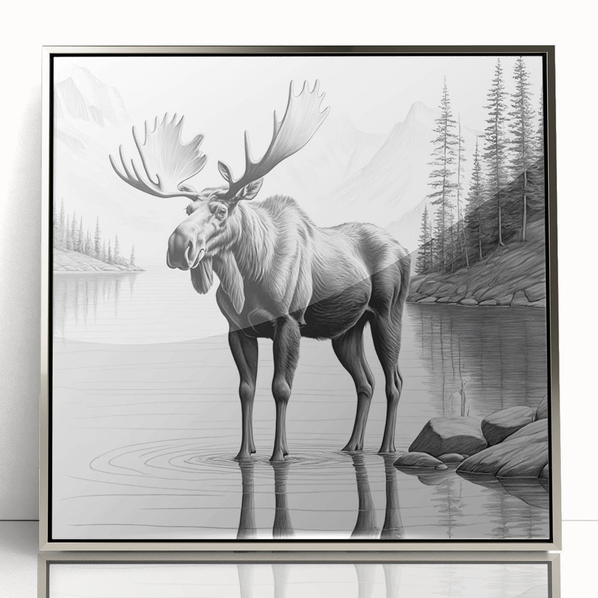 Framed wall art showcasing a moose and elk design in a silver acrylic frame, highlighting intricate wildlife details, perfect for nature enthusiasts' decor.