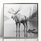Framed wall art showcasing a moose and elk design in a silver acrylic frame, highlighting intricate wildlife details, perfect for nature enthusiasts' decor.